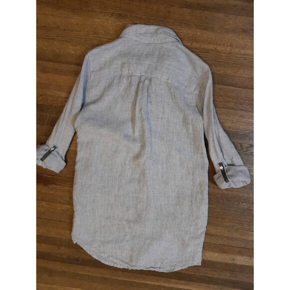 Womens Striped Linen Quiet Luxury Roll Tab Beachy Vacation Sz Large Shirt Dress - Picture 6 of 9